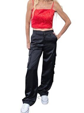 Zara Black Satin Cargo Pants XS High Rise Utility Wide Leg Y2K